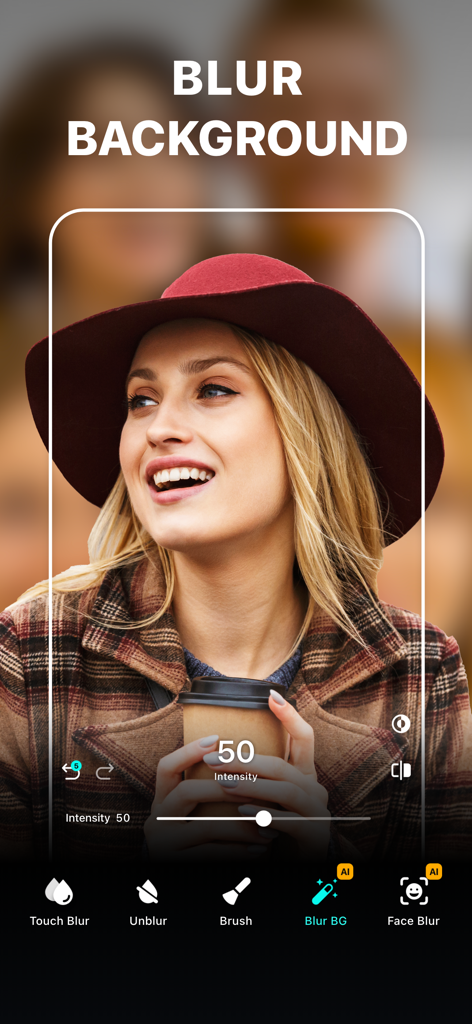 Blur Photo Editor - Benutzeroberfläche der Blur Foto Editor App, die das Hintergrundunschärfe-Tool angewendet auf ein Porträt einer Frau mit Hut zeigt