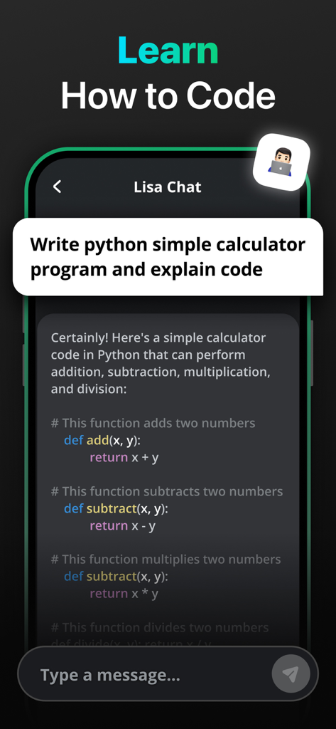 Lisa Chat AI assistant interface showing a Python code snippet and explanation for a simple calculator program.