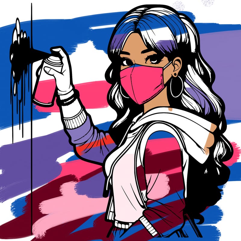 realistic girl with mask spray painting a wall