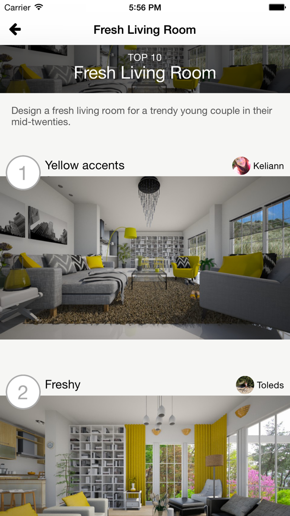 Ranking del Top 10 para un concurso de diseño de sala de estar fresca en la aplicación Roomstyler