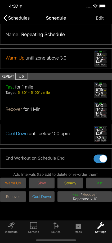WorkOutDoorsアプリのApple Watchワークアウト用インターバルタイマースケジュールエディタ