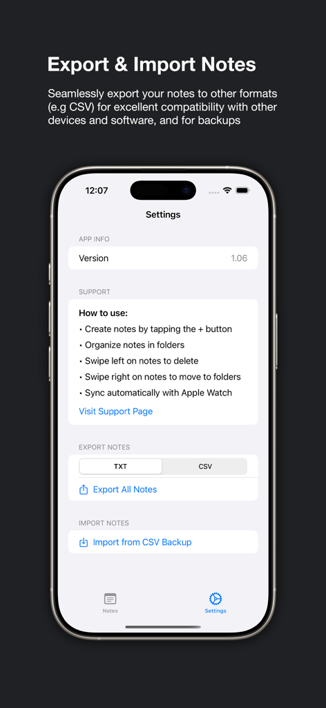 Smart Watch Notes Pro - Einstellungen der Smart Watch Notes Pro-App auf dem iPhone mit Optionen zum Exportieren von Notizen als TXT oder CSV und zum Importieren aus CSV-Backups.