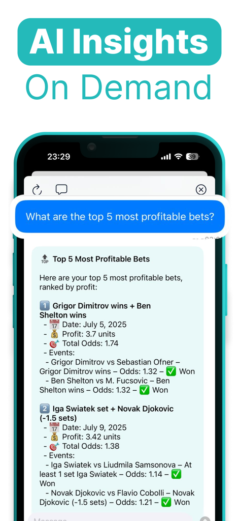 Bet Journal AI assistant displaying a list of top five most profitable sports bets based on user data.