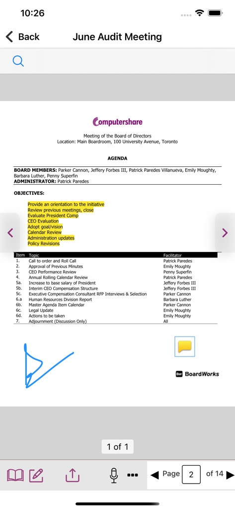 Computershare BoardWorks - Digital board meeting agenda with text highlights and an e-signature in the BoardWorks app.