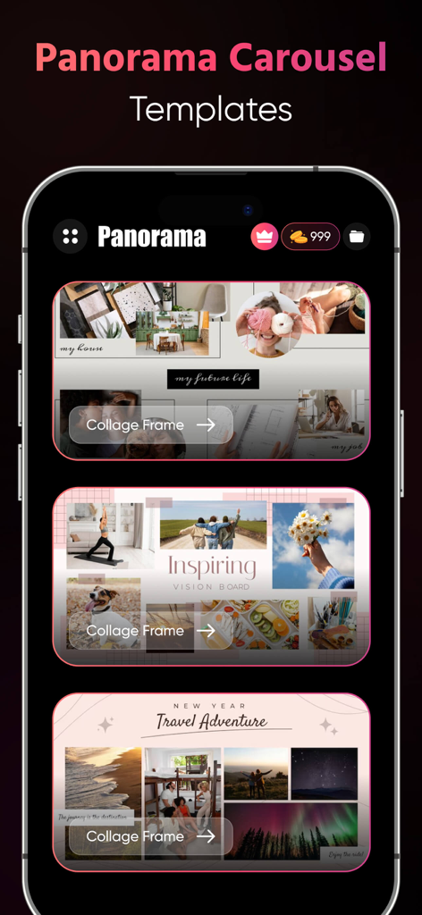 Grid Square Cut-Carousel Maker - Mobile app screen displaying various panorama carousel and collage templates for social media posts