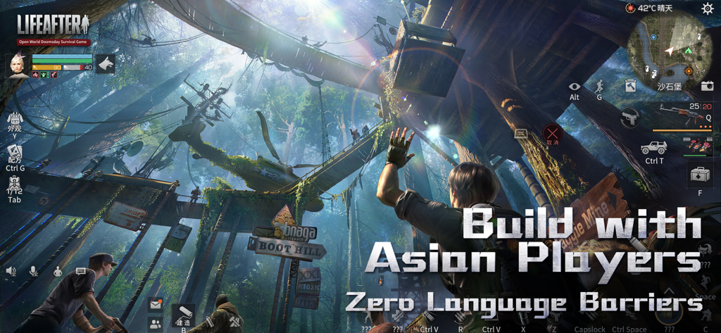 LifeAfter gameplay screenshot showing a character in a forest base with text about building with Asian players and zero language barriers