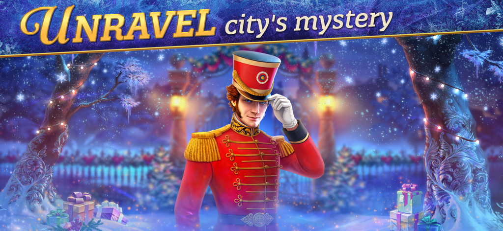 Seekers Notes: Hidden Objects - A man in a red Victorian soldier uniform in a snowy festive winter scene from the game Seekers Notes.