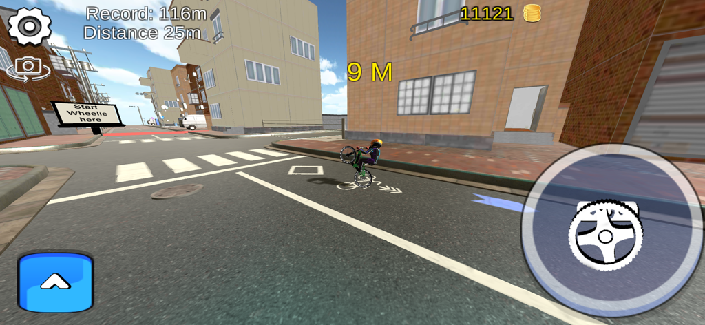 Un ciclista de BMX realizando un truco de caballito en una calle urbana en el juego móvil Wheelie Bike 3D.