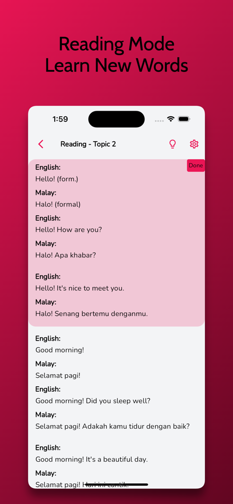 Bildschirm zur Übersetzung von Englisch nach Malaiisch, der gängige Begrüßungen und Phrasen im Lesemodus anzeigt