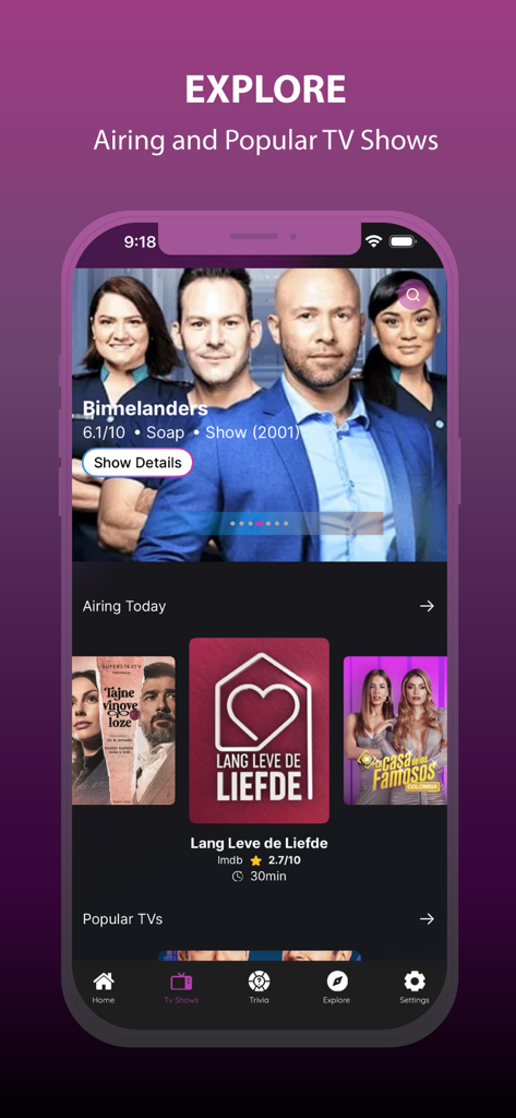 Cinema HD - Movies & TV Shows - Binnelanders 및 Lang Leve de Liefde와 같은 방영 중인 인기 TV 쇼를 표시하는 Cinema HD의 모바일 앱 인터페이스