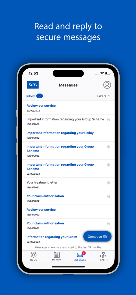 WPA Health - Secure message inbox in the WPA Health app showing policy and claim updates