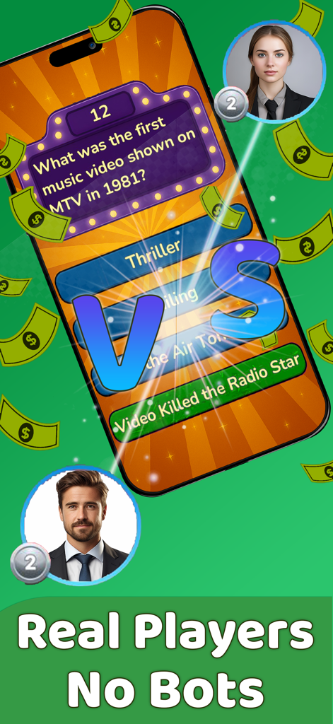 Quezztion: Real Money Trivia - Un écran versus compétitif dans l'application Quezztion montrant une question de trivia musicale et les profils de deux vrais joueurs.