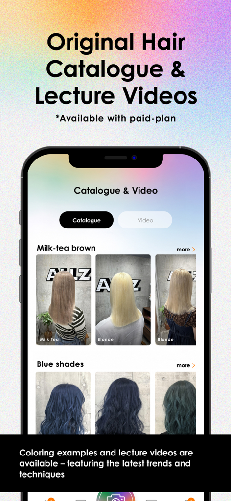 AI Color Recipe - AI Color Recipe app screen showing a hair color catalogue with examples of milk-tea brown and blue shades