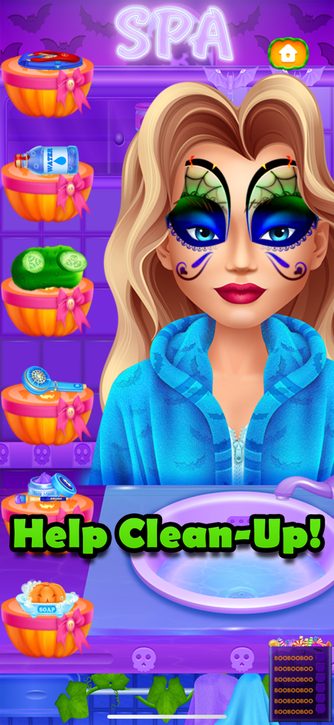 Halloween Makeover Simulator - Character with Halloween makeup in the spa level of Halloween Makeover Simulator