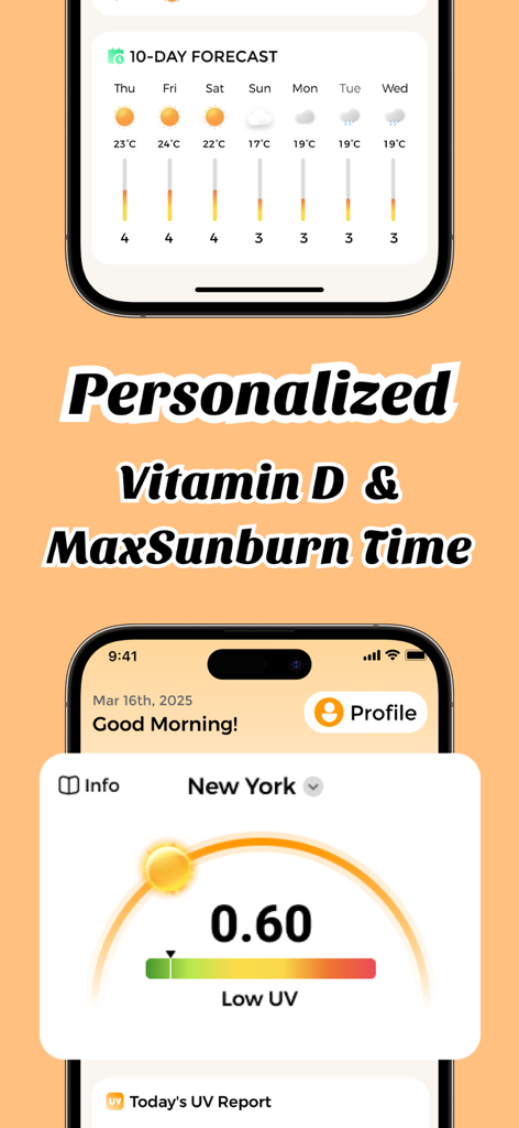 SunAware: UV Index, Tanning - SunAware app interface showing a 10-day UV index forecast and personalized sunburn and vitamin D tracking.