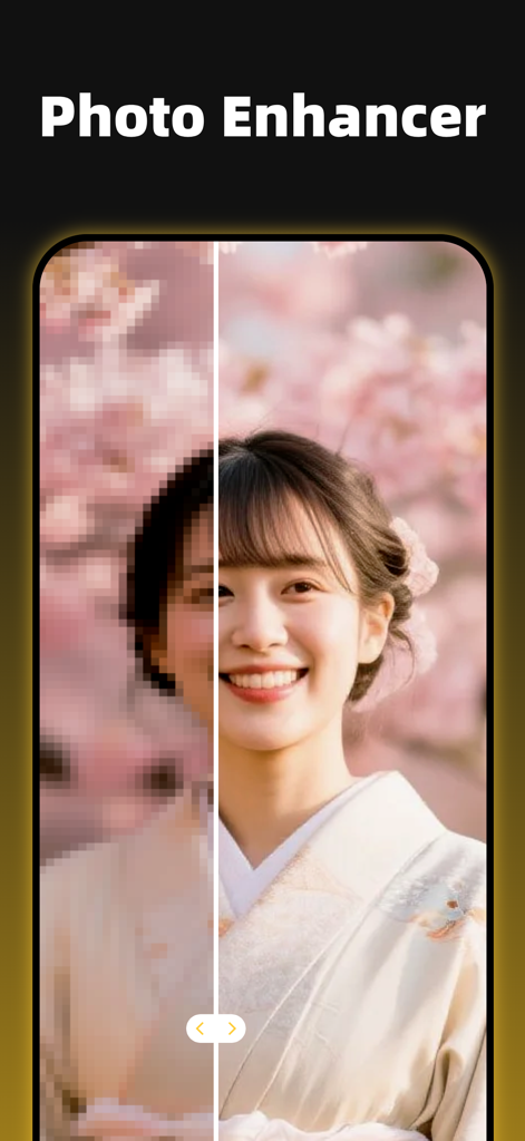 A side by side comparison showing a pixelated image transformed into a high resolution portrait of a woman using AI enhancement