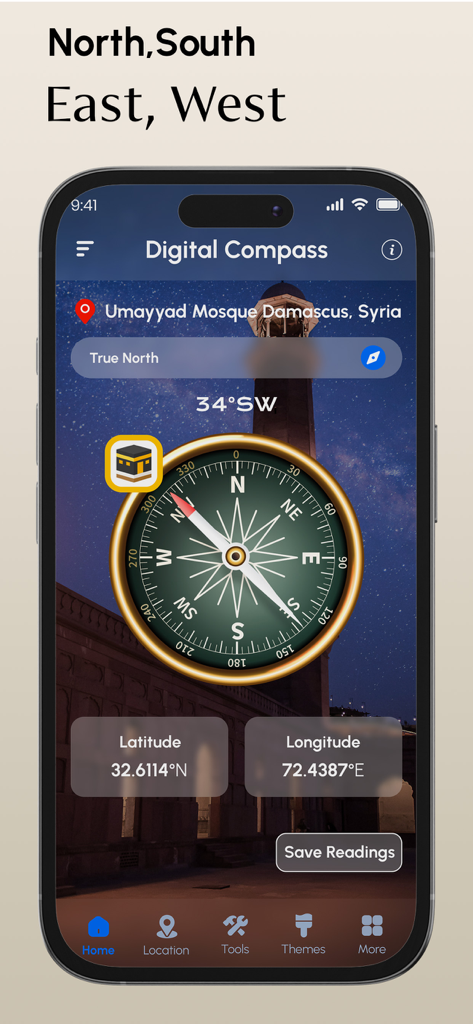 Compass & Location Tracker - Digital compass interface showing orientation and GPS coordinates