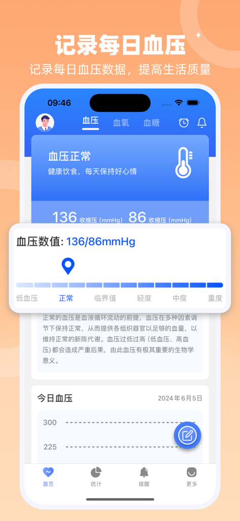 Mobile app interface of Health Data Treasure showing a blood pressure reading of 136 over 86 with a normal status indicator in Simplified Chinese