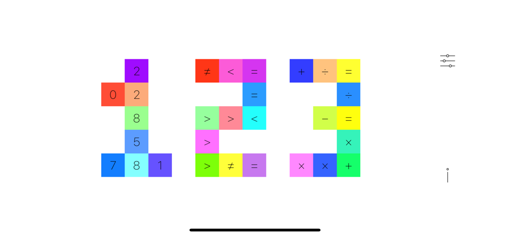 Educational math game screen showing numbers one two and three made of colorful blocks with symbols