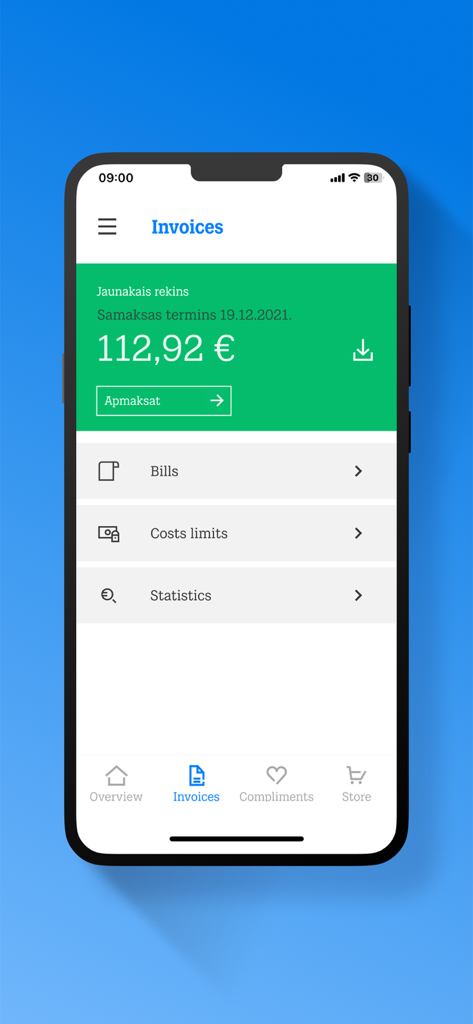 Mans Tele2 app invoices screen showing bill details and cost limits