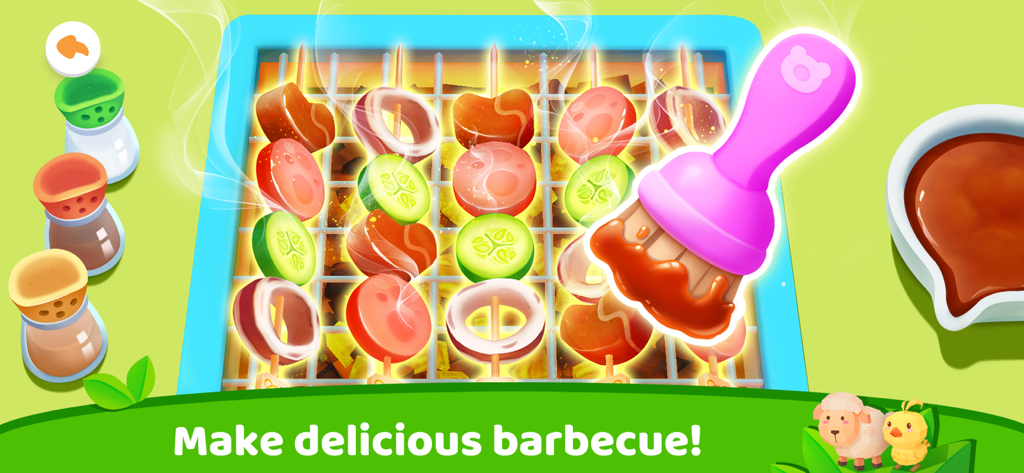 Little Panda's Town: My Farm - Una colorida escena de juego que muestra brochetas asándose con un pincel de salsa y saleros