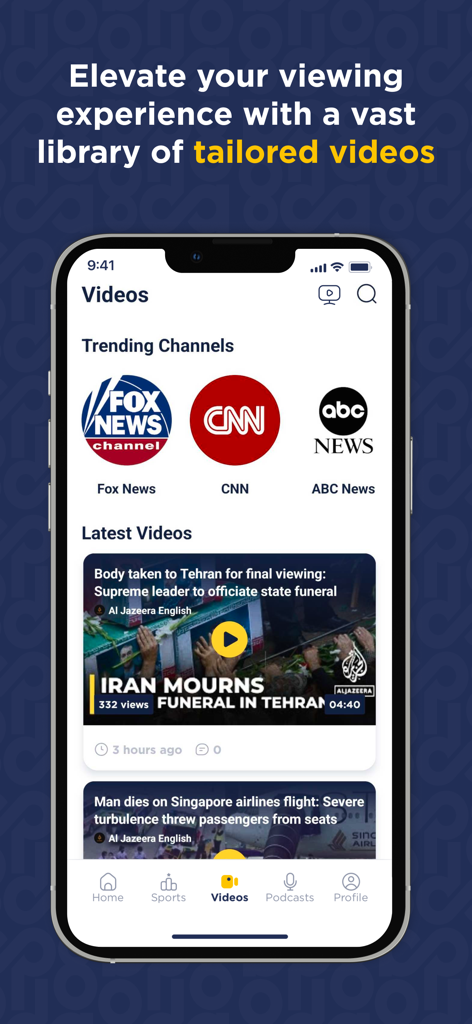 Daily8 app interface showing trending news channels like Fox News and CNN with a feed of the latest global news videos