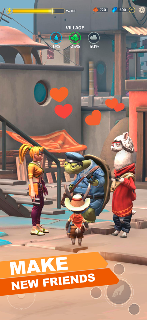 Ecotopia: Farm & craft game - In-game screenshot of Ecotopia showing a human character interacting with a turtle and llama with floating red hearts and text saying Make New Friends