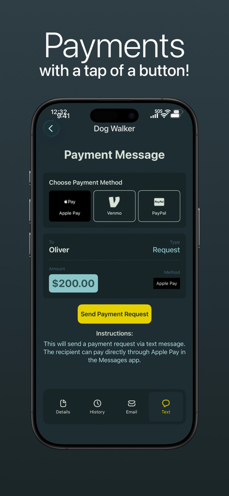 owed + - Interfaccia dell'app Owed plus che visualizza una richiesta di pagamento di $200 tramite Apple Pay.