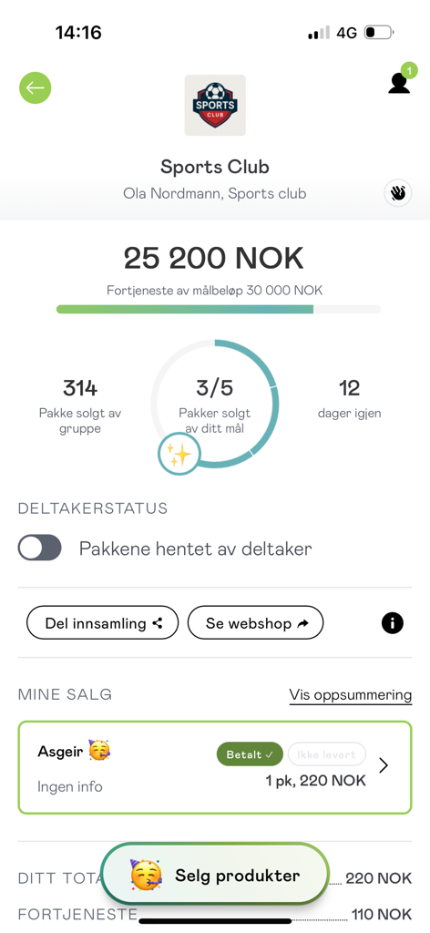 Bambusa - Mobile app dashboard showing fundraising progress and sales statistics for a sports club