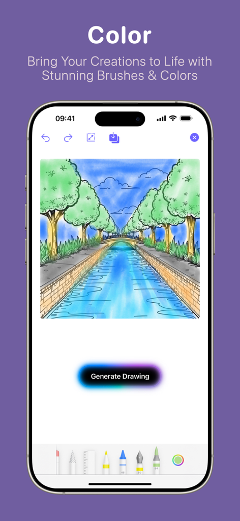 Kala: AI Art Coloring Book - Kala AI coloring screen showing a landscape illustration and digital brushes.