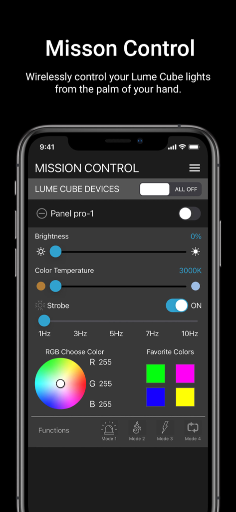 Lumecube - Pantalla Mission Control de la aplicación Lumecube que muestra controles para brillo, temperatura de color, efectos estroboscópicos y una rueda de color RGB.