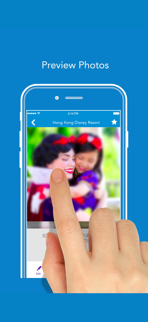 A hand interacting with the Hong Kong Disney PhotoPass app to preview a professional photo of a child and Snow White