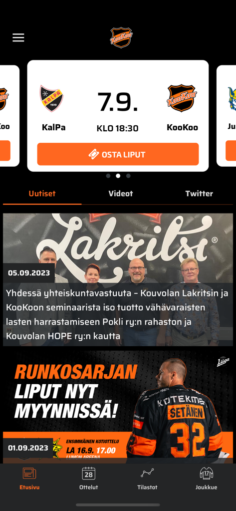 KooKoo-app - Home screen of the KooKoo hockey app featuring upcoming match schedules, news articles, and team ticket promotions.