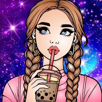 realistic girl with braided hair drinking boba