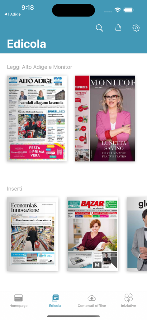 Alto Adige quotidiano - Vista del quiosco digital en la aplicación Alto Adige quotidiano que muestra ediciones diarias de periódicos y revistas