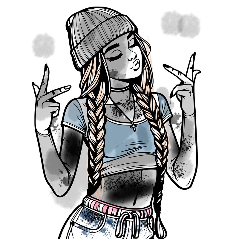 realistic teenage girl with braids and a beanie and crop top doing 🫶🏼