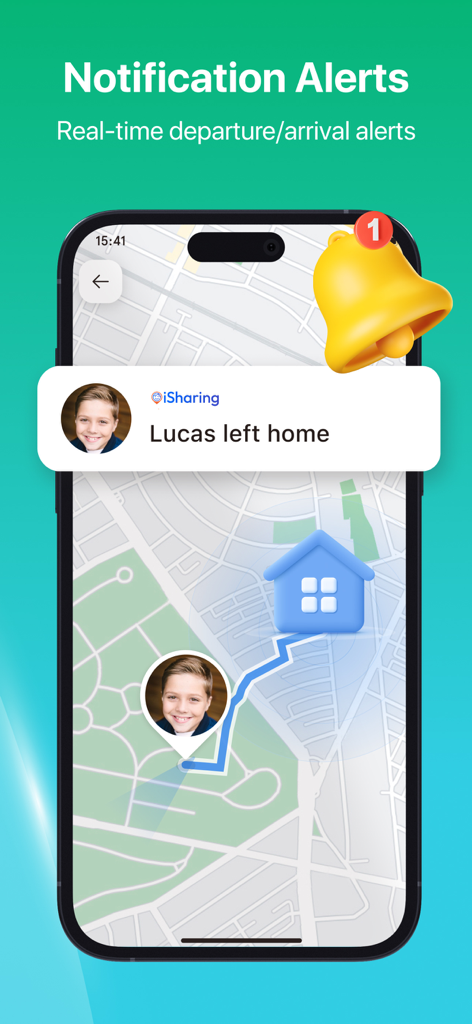 A smartphone screen showing the iSharing app with a real-time location notification alert for a family member leaving home.