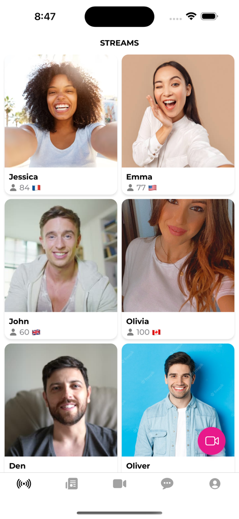 Vuzy Live - Stream & Friends - Vuzy Live app interface showing a grid of active user live streams with names and viewer counts