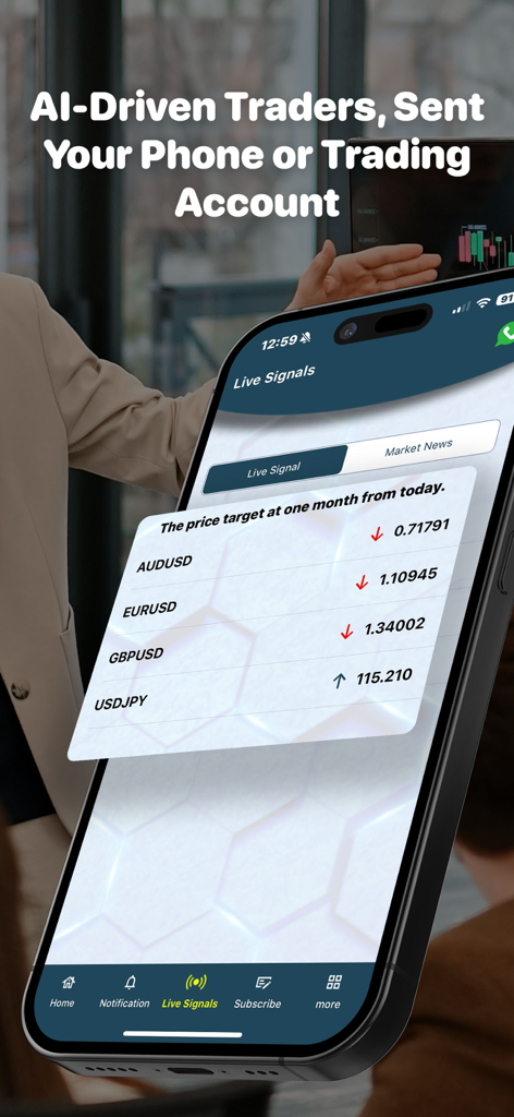 Forex AI Robot - Interfaz de la aplicación Forex AI Robot que muestra señales de trading en vivo y objetivos de precios para pares de divisas en un smartphone