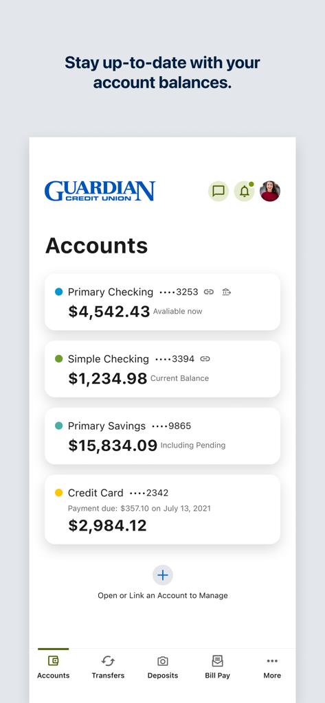 Guardian Credit Union Alabama - Guardian Credit Union Alabama mobile banking app showing account balances for checking and savings