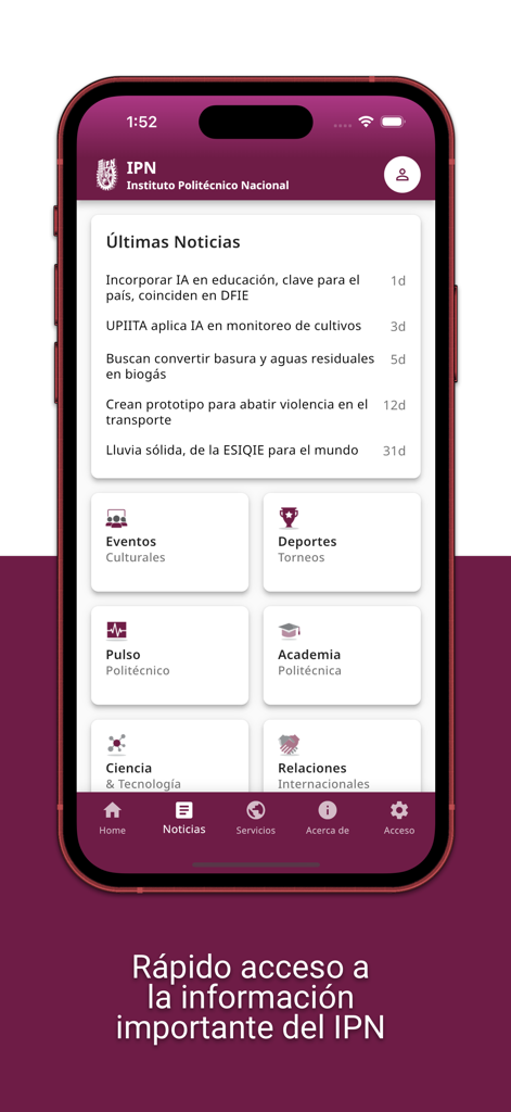 IPN Oficial - Interface de l'application IPN Oficial montrant le dernier fil d'actualités et les catégories du menu institutionnel