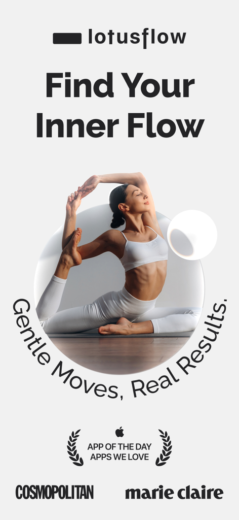 Lotus Flow - Yoga & Workout - A woman practicing an advanced yoga pose on the Lotus Flow app intro screen featuring the slogan Find Your Inner Flow