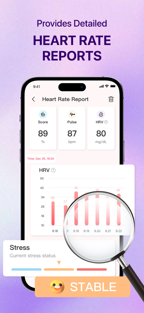 Blood Pressure: Healthy Life - Una pantalla móvil que muestra informes detallados de frecuencia cardíaca, mediciones de pulso y seguimiento del estado de estrés en la aplicación Presión Arterial Vida Saludable