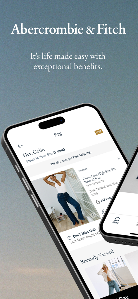 Abercrombie & Fitch - Abercrombie and Fitch mobile app interface showing a shopping bag with Curve Love jeans and VIP member benefits