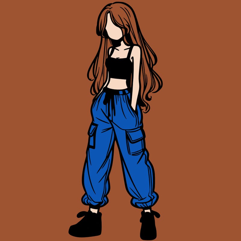 girl in baggy pants crop top and long hair