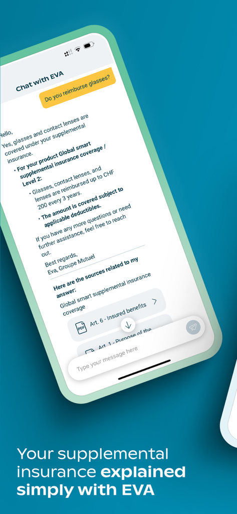 Groupe Mutuel - Interface de l'application Groupe Mutuel montrant l'assistant IA EVA répondant à des questions sur la couverture d'assurance complémentaire.