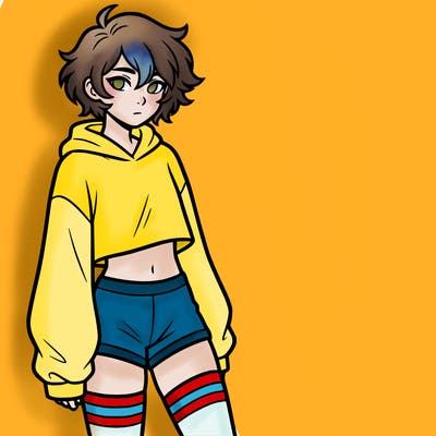 femboy with short hair wearing thigh highs and baggy crop top