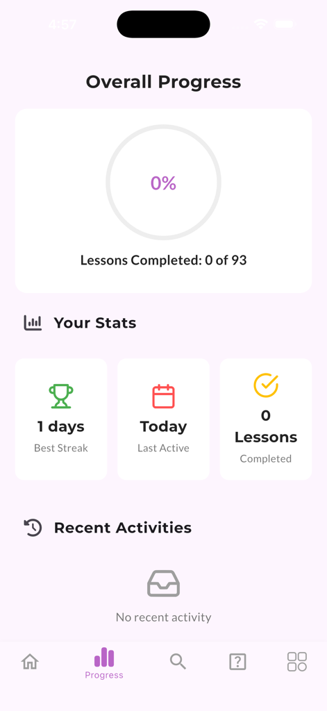 Learn Redux - Overall progress dashboard in the Learn Redux app showing lesson completion stats and learning streak