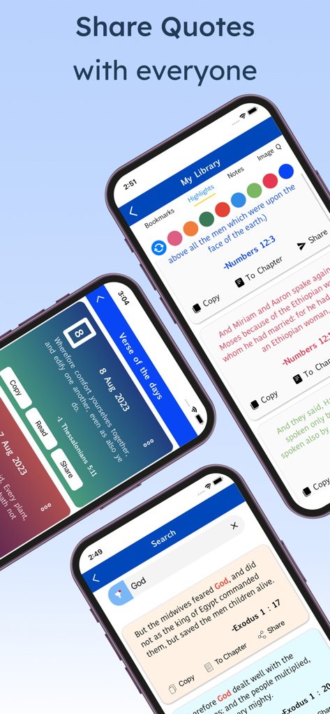 Bible Reading Zone -All In One - Capturas de pantalla de la aplicación Bible Reading Zone mostrando versículos diarios, resultados de búsqueda y destacados de la biblioteca.