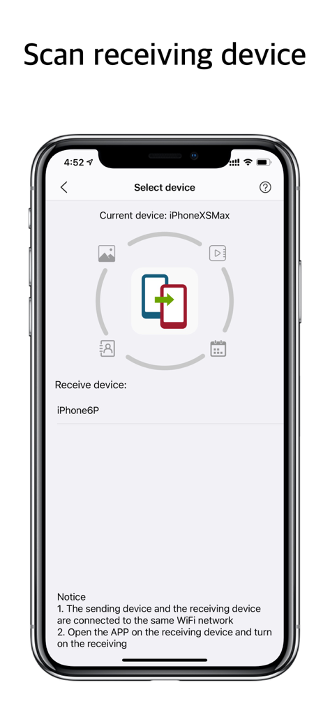 Copy data - device switch - Pantalla de escaneo del dispositivo receptor para la transferencia de datos entre iPhones